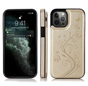 JVS Products iPhone 14 Pro hoesje - Backcover - Pasjeshouder - Portemonnee - Bloemenprint - Kunstleer - Goud