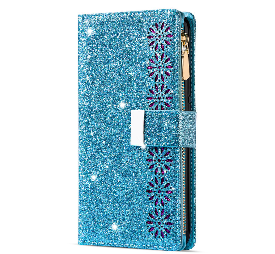 iPhone 14 Pro Luxe Glitter Book Case Hoesje met Koord - Bloemenpatroon - Magnetische Sluiting - Portemonnee met Rits - Pasjeshouder - Apple iPhone 14 Pro - Blauw kopen