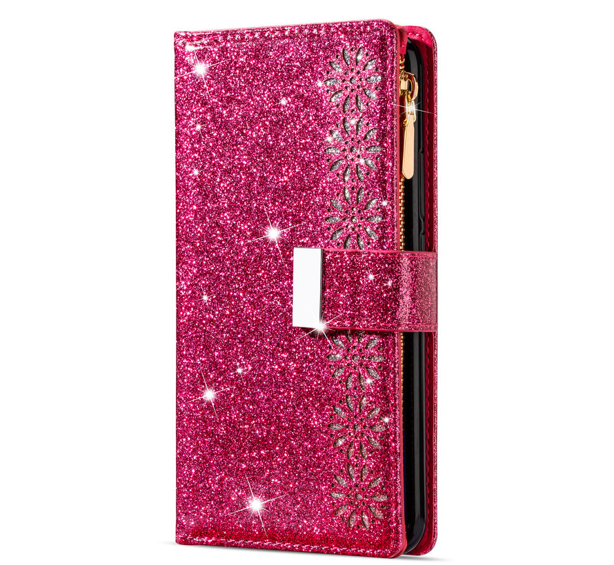 iPhone 14 Pro Luxe Glitter Book Case Hoesje met Koord - Bloemenpatroon - Magnetische Sluiting - Portemonnee met Rits - Pasjeshouder - Apple iPhone 14 Pro - Roze kopen
