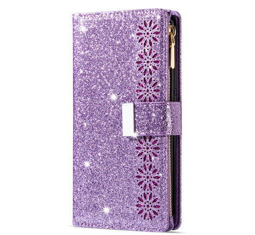 JVS Products iPhone 14 Pro Luxe Glitter Book Case Hoesje met Koord - Bloemenpatroon - Magnetische Sluiting - Portemonnee met Rits - Pasjeshouder - Apple iPhone 14 Pro - Paars kopen