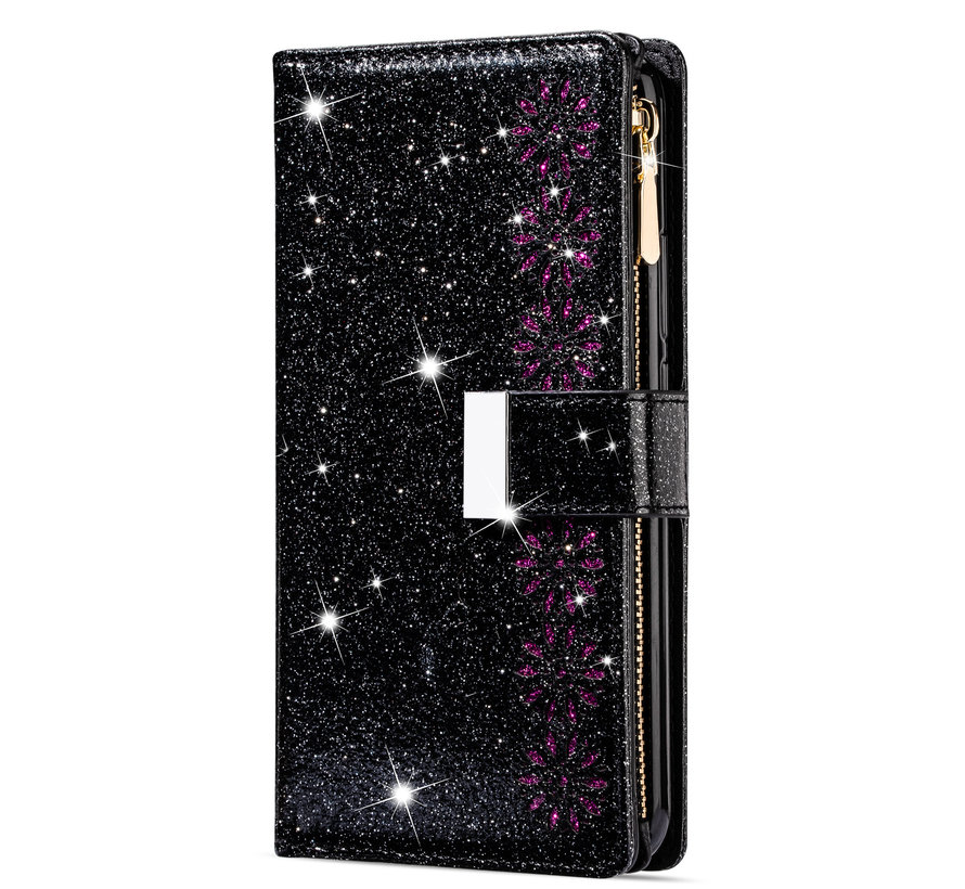 iPhone 14 Plus Luxe Glitter Book Case Hoesje met Koord - Bloemenpatroon - Magnetische Sluiting - Portemonnee met Rits - Pasjeshouder - Apple iPhone 14 Plus - Zwart kopen