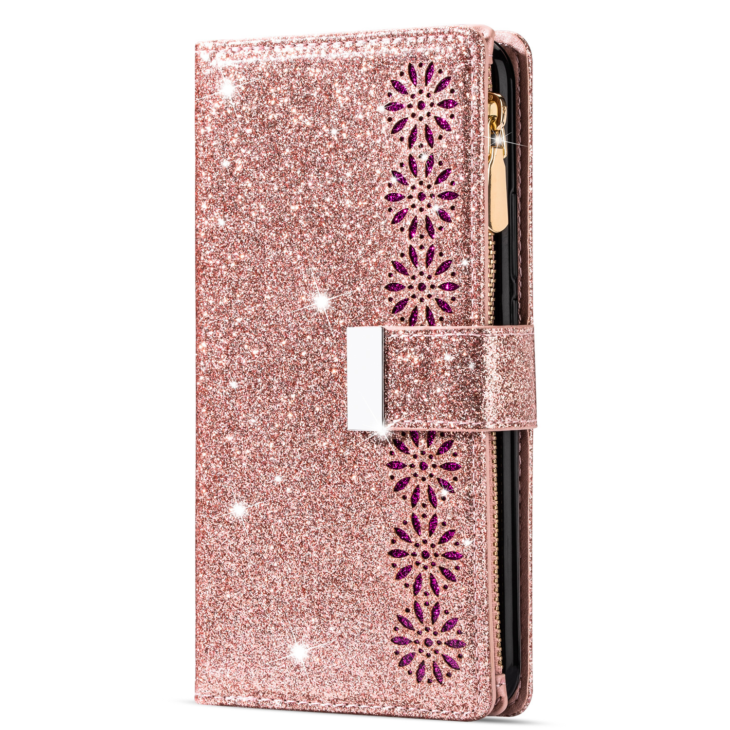 iPhone 14 Plus hoesje - Bookcase - Koord - Pasjeshouder - Portemonnee - Glitter - Bloemenpatroon - Kunstleer - Rose Goud afbeelding