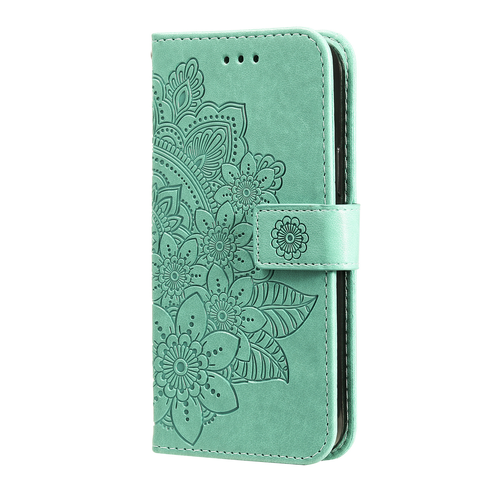 OnePlus 9 hoesje - Bookcase - Pasjeshouder - Portemonnee - Bloemenprint - Kunstleer - Turquoise afbeelding