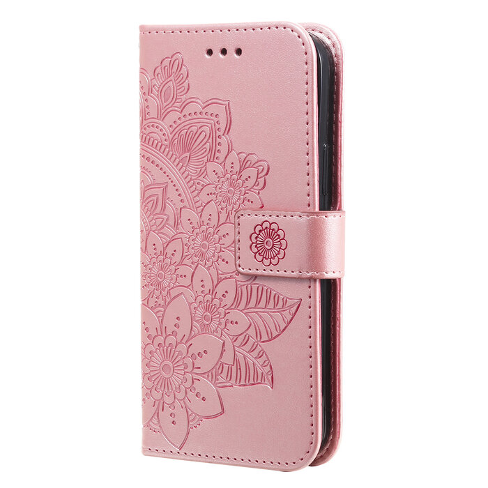 JVS Products OPPO A54S hoesje - Bookcase - Pasjeshouder - Portemonnee - Bloemenprint - Kunstleer - Rose Goud