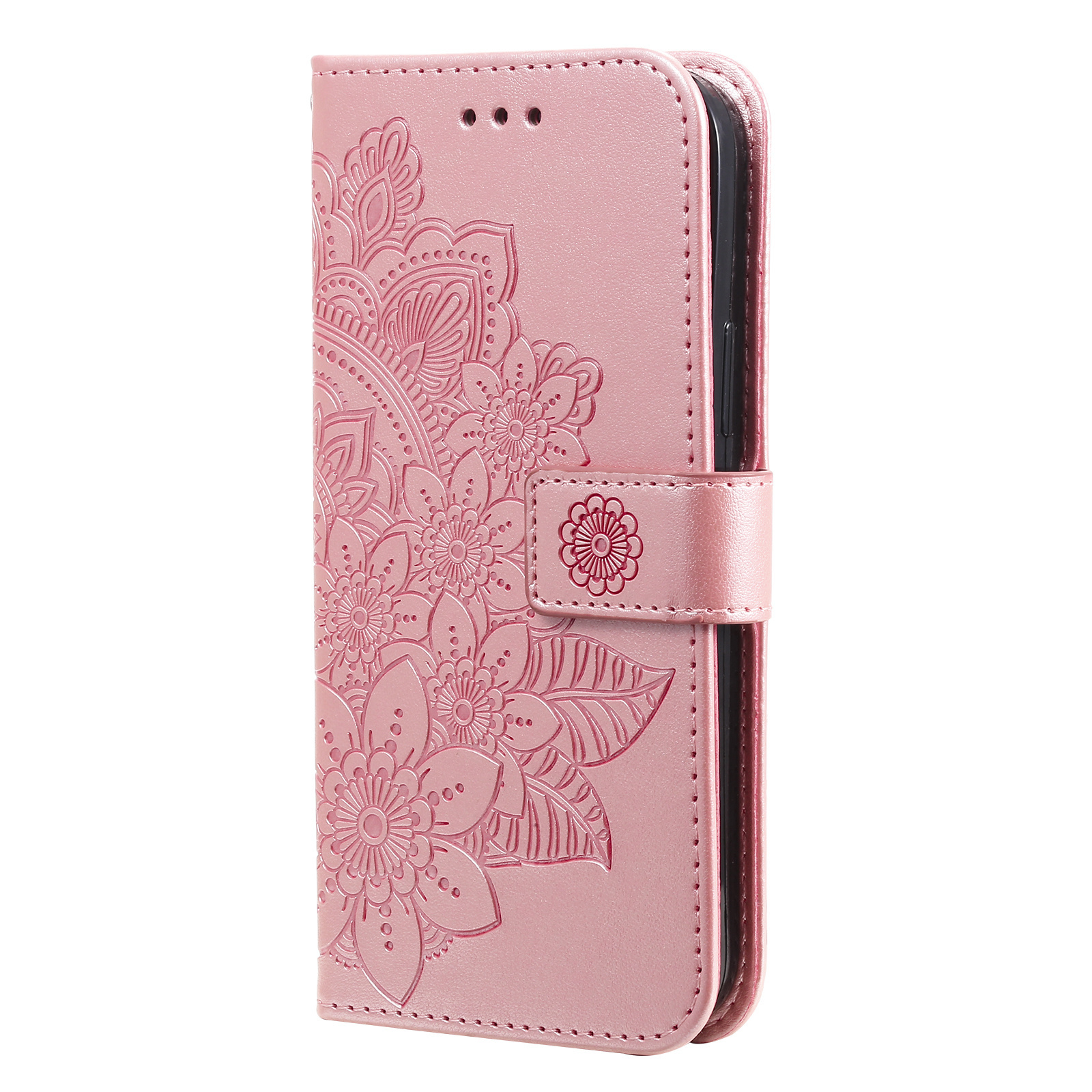 Xiaomi Redmi Note 9T 5G hoesje - Bookcase - Pasjeshouder - Portemonnee - Bloemenprint - Kunstleer - Rose Goud afbeelding