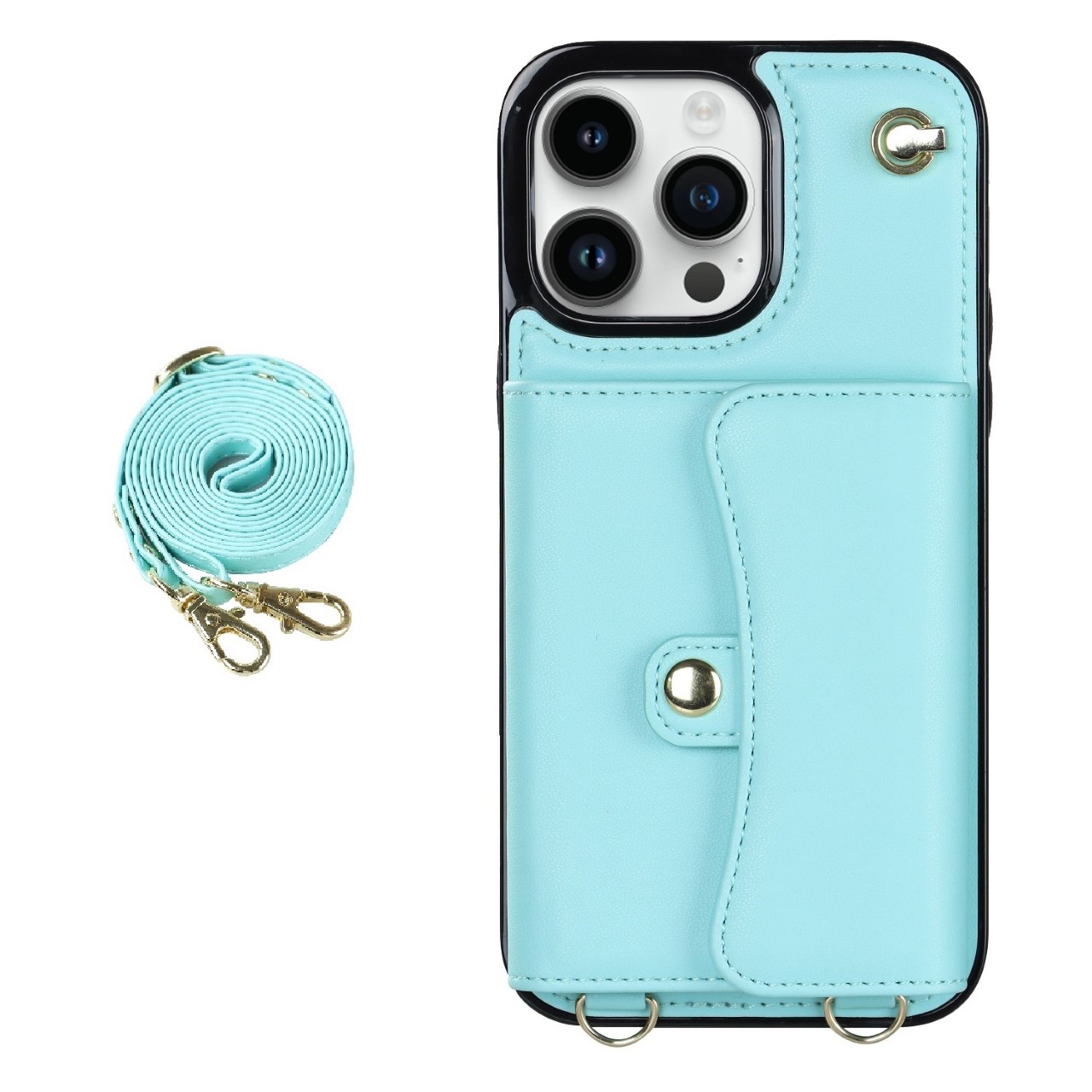 iPhone 12 hoesje - Backcover - Koord - Pasjeshouder - Portemonnee - Kunstleer - Lichtblauw afbeelding