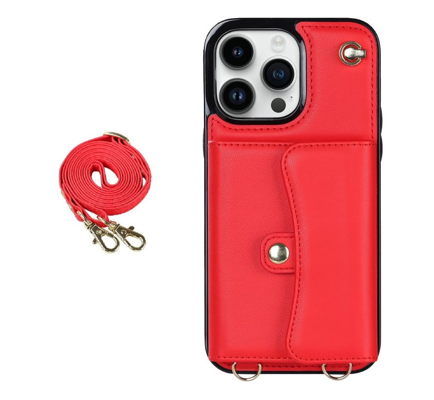 iPhone 13 hoesje - Backcover - Koord - Pasjeshouder - Portemonnee - Kunstleer - Rood kopen