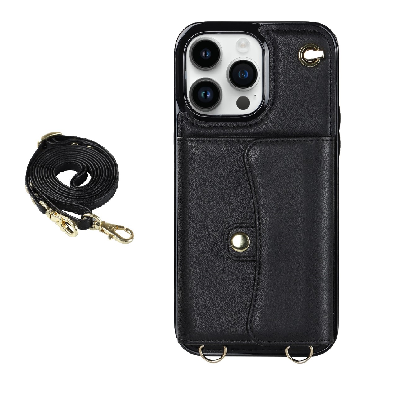 iPhone 13 Mini hoesje - Backcover - Koord - Pasjeshouder - Portemonnee - Kunstleer - Zwart afbeelding