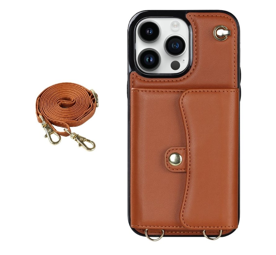 iPhone 14 Plus hoesje - Backcover - Koord - Pasjeshouder - Portemonnee - Kunstleer - Bruin kopen