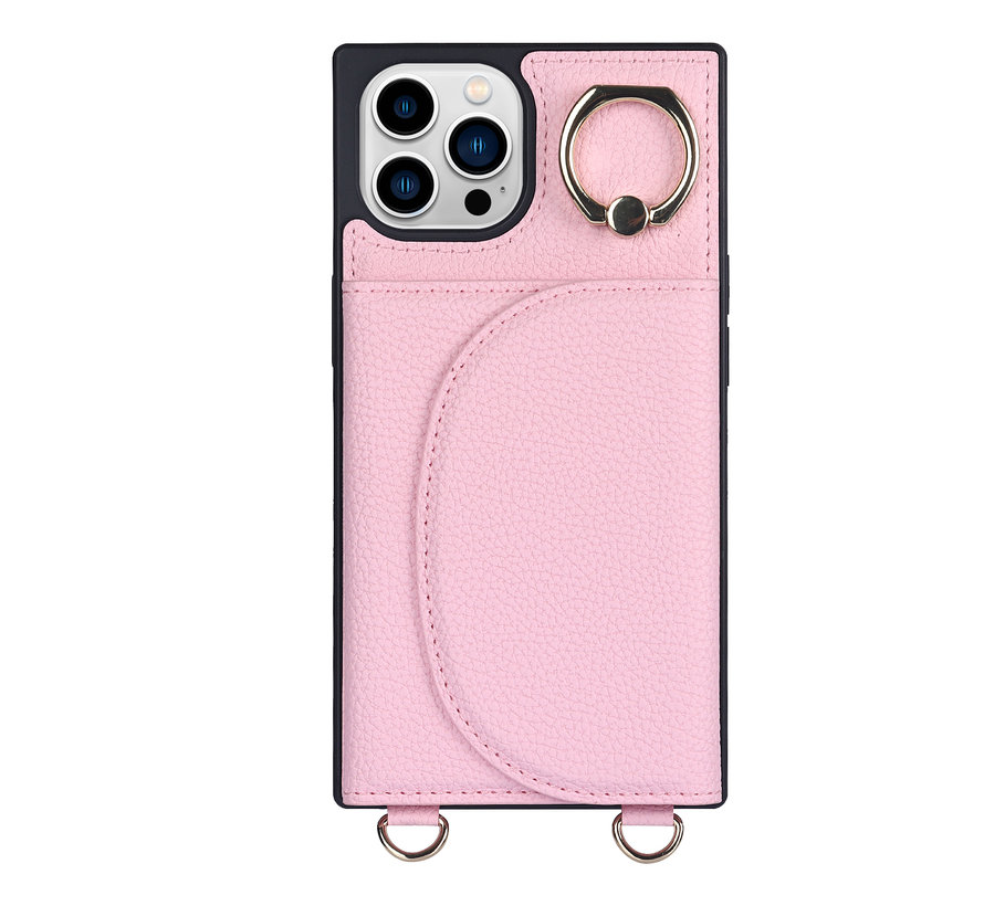 iPhone 12 hoesje - Backcover - Pasjeshouder - Portemonnee - Ringhouder - Koord - Kunstleer - Roze kopen