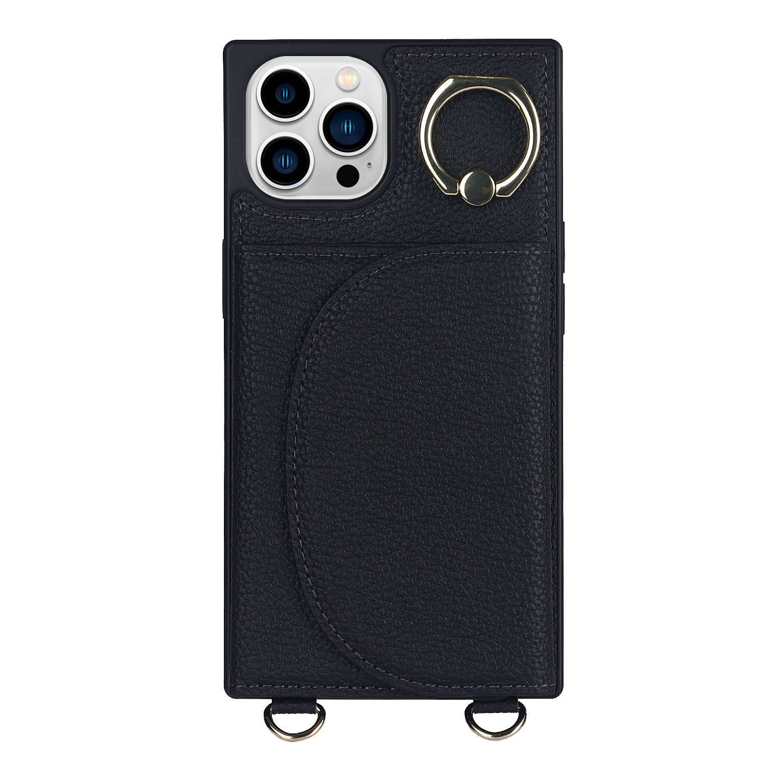 iPhone 12 Pro Max hoesje - Backcover - Pasjeshouder - Portemonnee - Ringhouder - Koord - Kunstleer - Zwart afbeelding