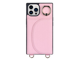 JVS Products iPhone 13 hoesje - Backcover - Pasjeshouder - Portemonnee - Ringhouder - Koord - Kunstleer - Roze