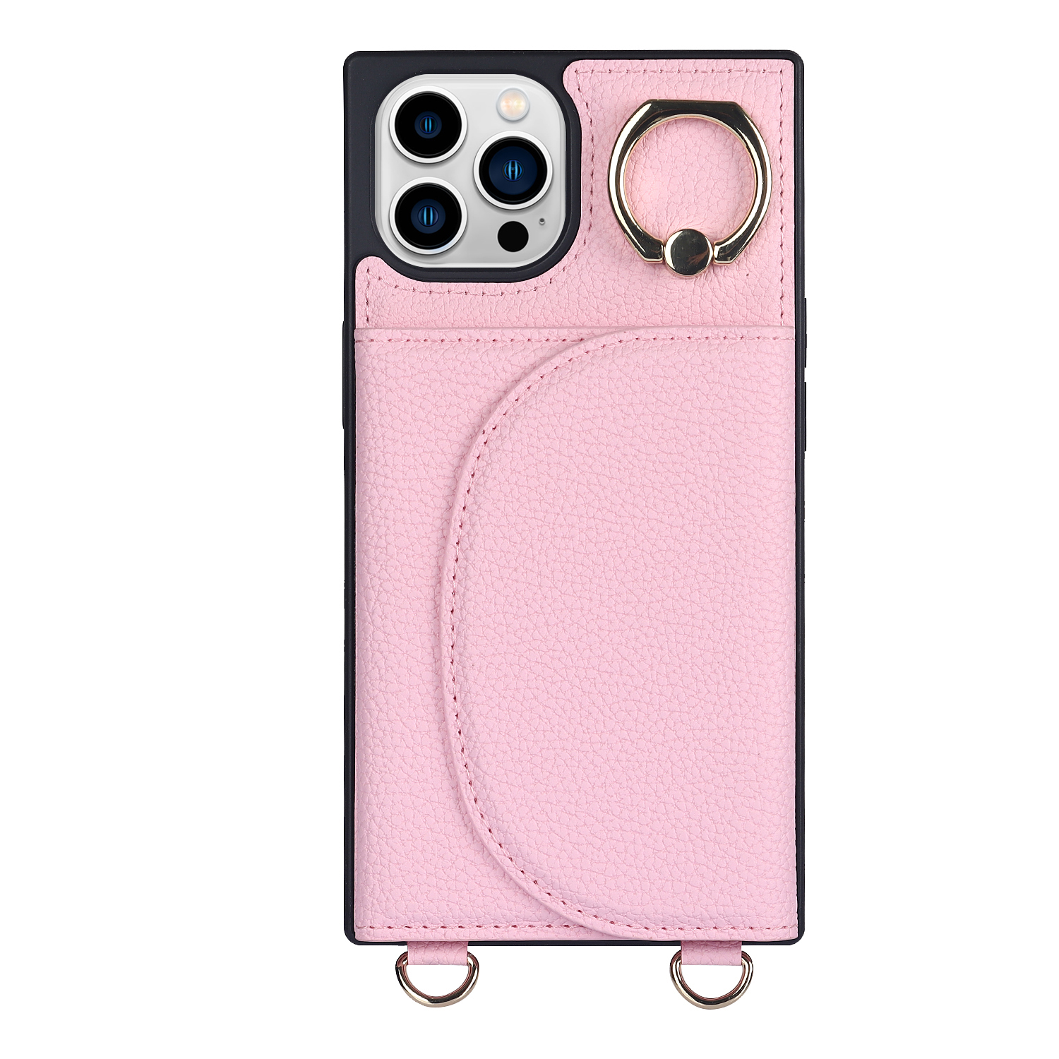 iPhone 13 hoesje - Backcover - Pasjeshouder - Portemonnee - Ringhouder - Koord - Kunstleer - Roze afbeelding