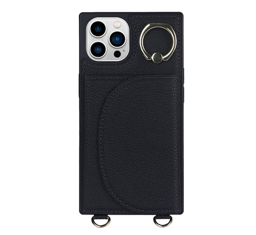 JVS Products iPhone 14 hoesje - Backcover - Pasjeshouder - Portemonnee - Ringhouder - Koord - Kunstleer - Zwart kopen