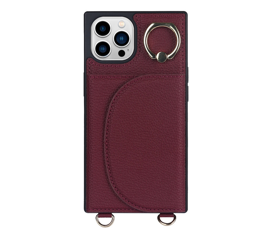 iPhone 14 Pro hoesje - Backcover - Pasjeshouder - Portemonnee - Ringhouder - Koord - Kunstleer - Bordeaux Rood kopen