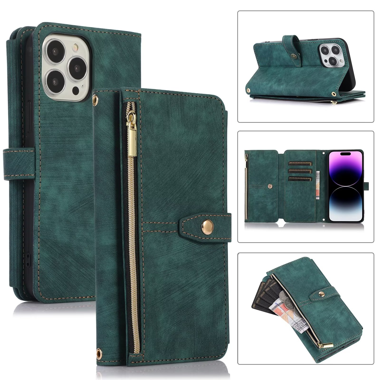 iPhone 12 Book Case Hoesje - Magnetisch - Kunstleer - Portemonnee - Book Case - Met Koord - Pasjeshouder - Wallet - Flip Cover - iPhone 12 - Donkergroen