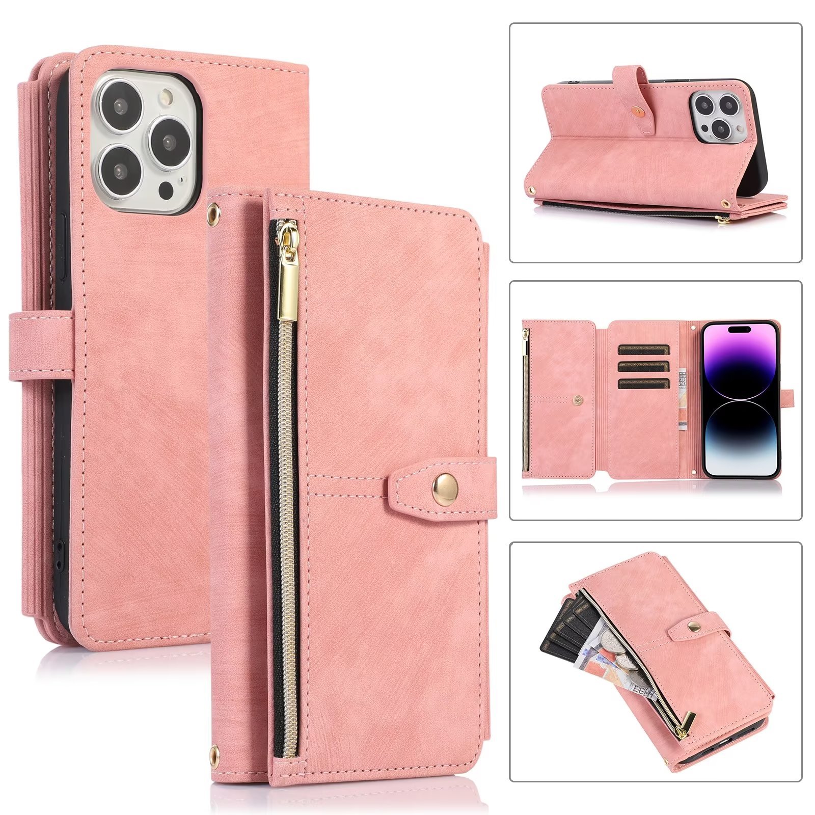 iPhone 12 Mini Book Case Hoesje - Magnetisch - Kunstleer - Portemonnee - Book Case - Met Koord - Pasjeshouder - Wallet - Flip Cover - iPhone 12 Mini - Roze