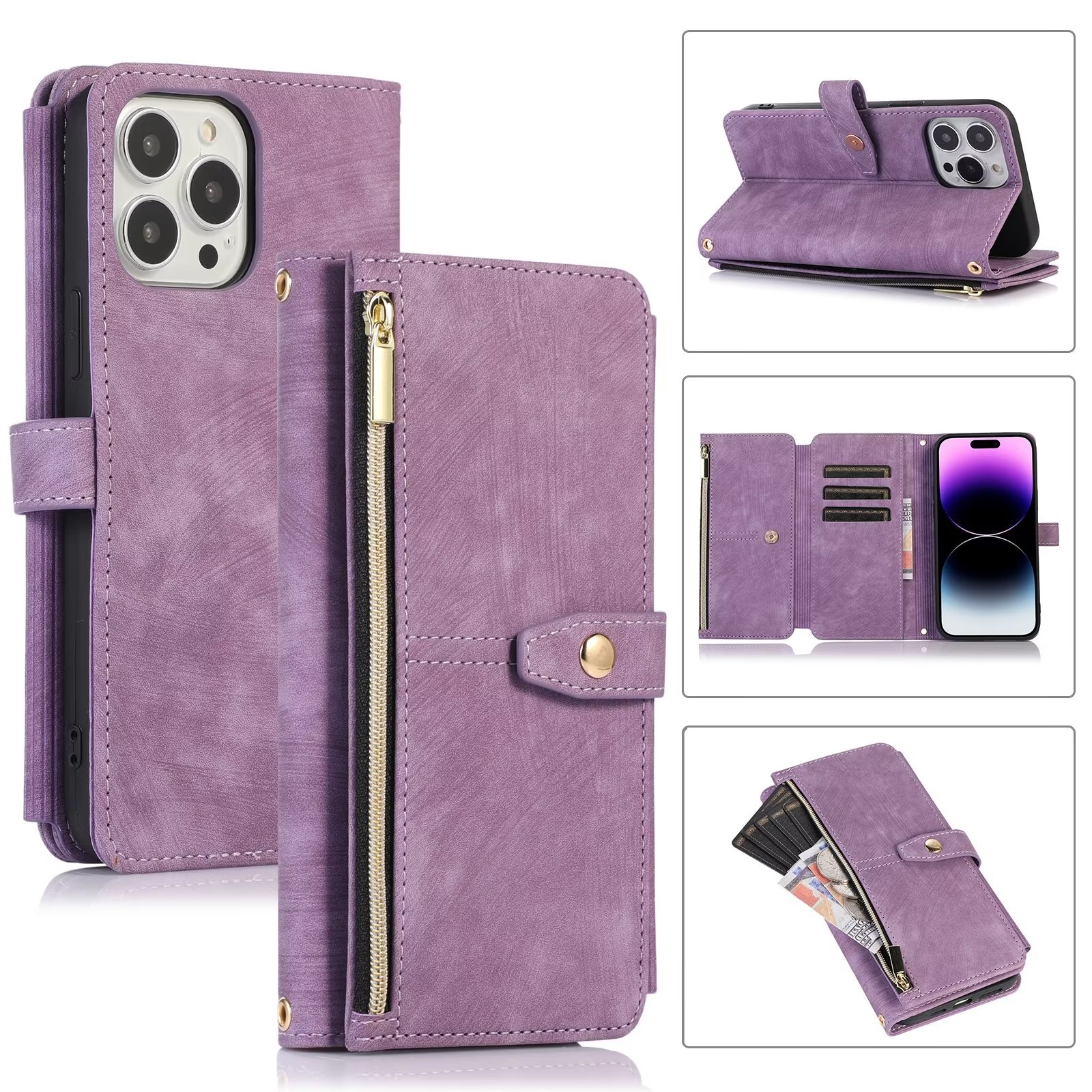 iPhone 14 Book Case Hoesje - Magnetisch - Kunstleer - Portemonnee - Book Case - Met Koord - Pasjeshouder - Wallet - Flip Cover - iPhone 14 - Paars