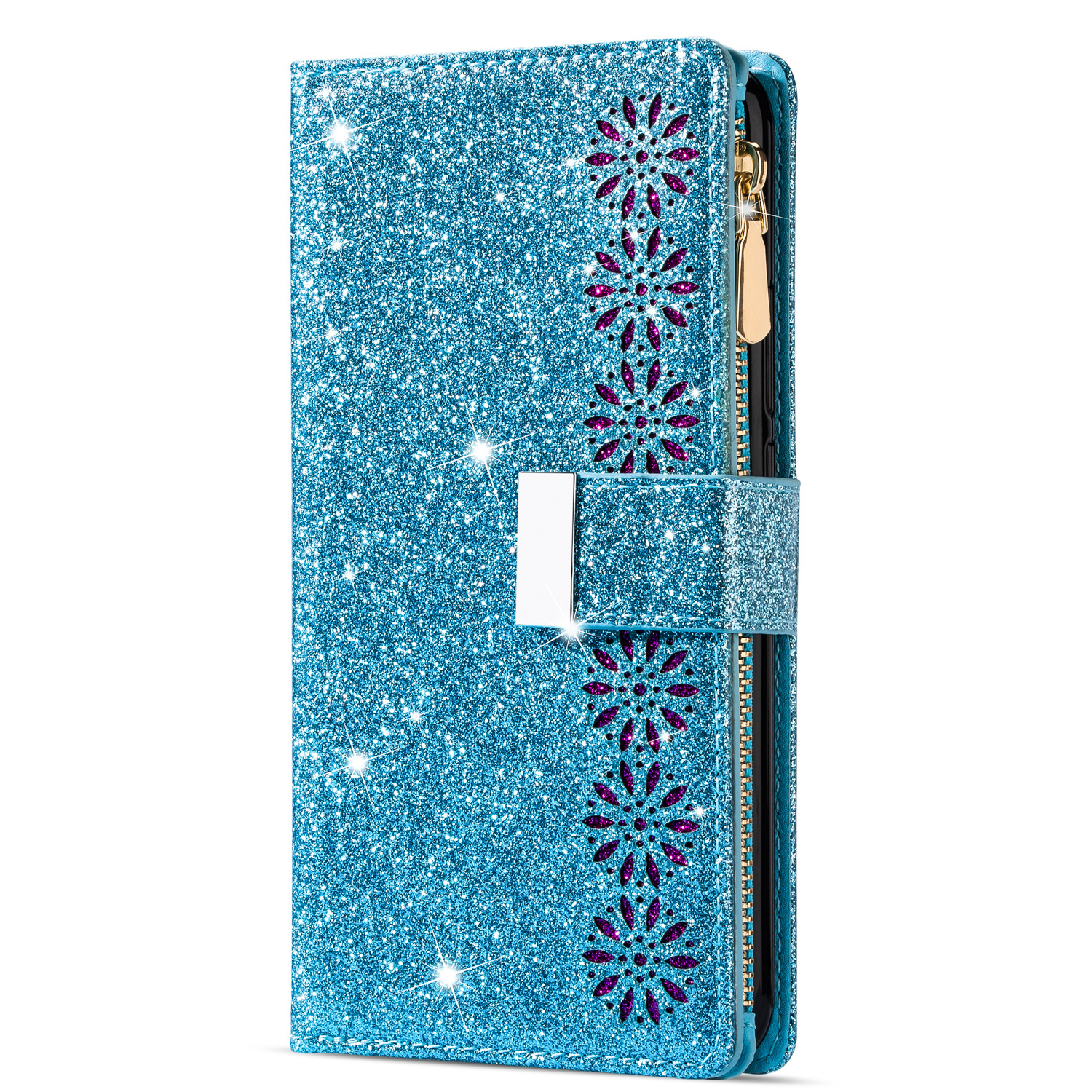 Samsung Galaxy A14 5G Luxe Glitter Book Case Hoesje met Koord - Bloemenpatroon - Magnetische Sluiting - Portemonnee met Rits - Pasjeshouder - Samsung Galaxy A14 5G - Blauw