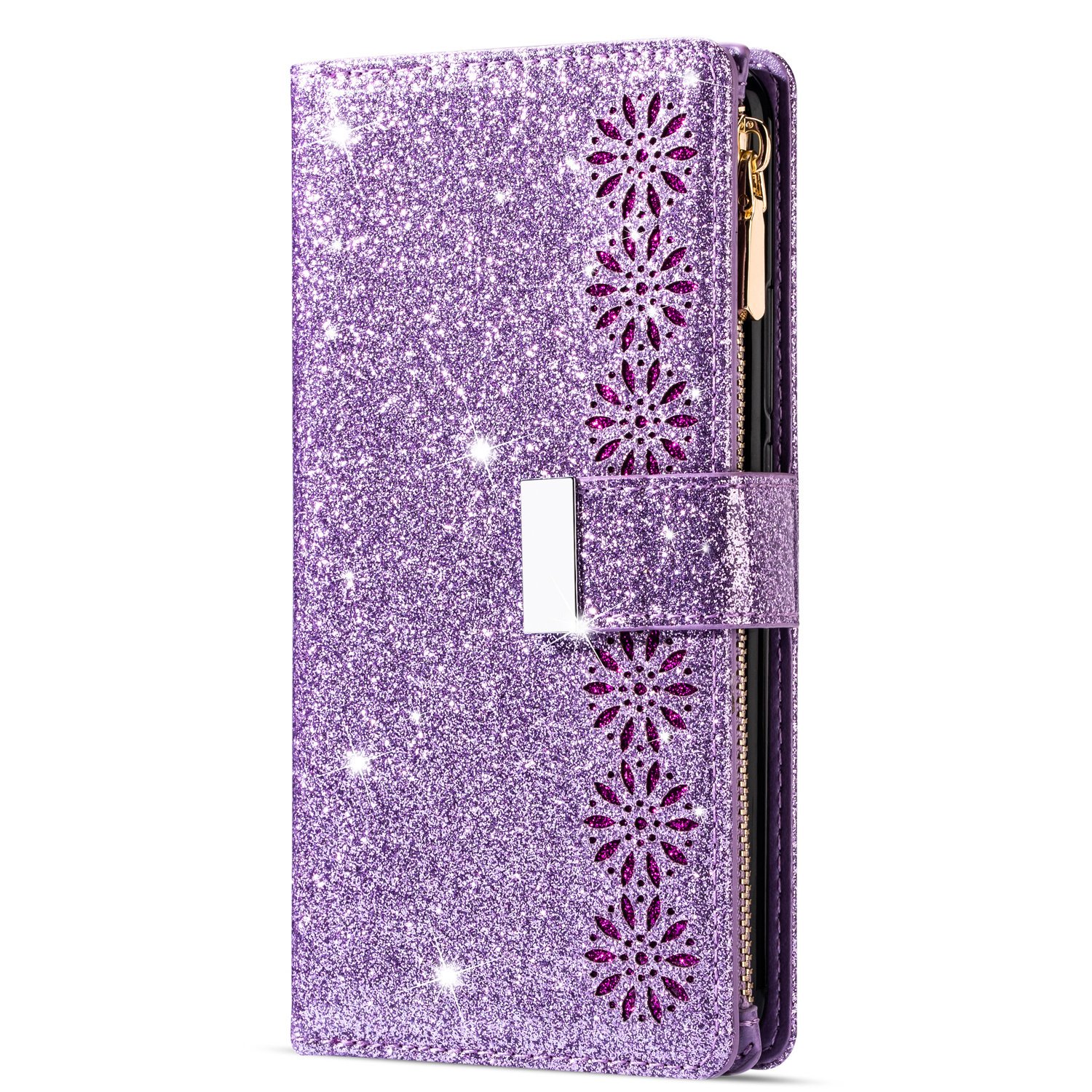 Samsung Galaxy A14 5G Luxe Glitter Book Case Hoesje met Koord - Bloemenpatroon - Magnetische Sluiting - Portemonnee met Rits - Pasjeshouder - Samsung Galaxy A14 5G - Paars
