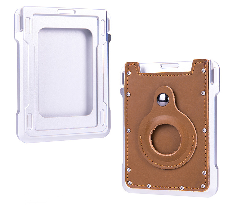 JVS Products Uitschuifbare Pasjeshouder met Airtag Tracker Case - Pasjeshouder - Uitschuifbaar - Airtag - RFID beveiliging - Kunstleer|Aluminium - Lichtbruin