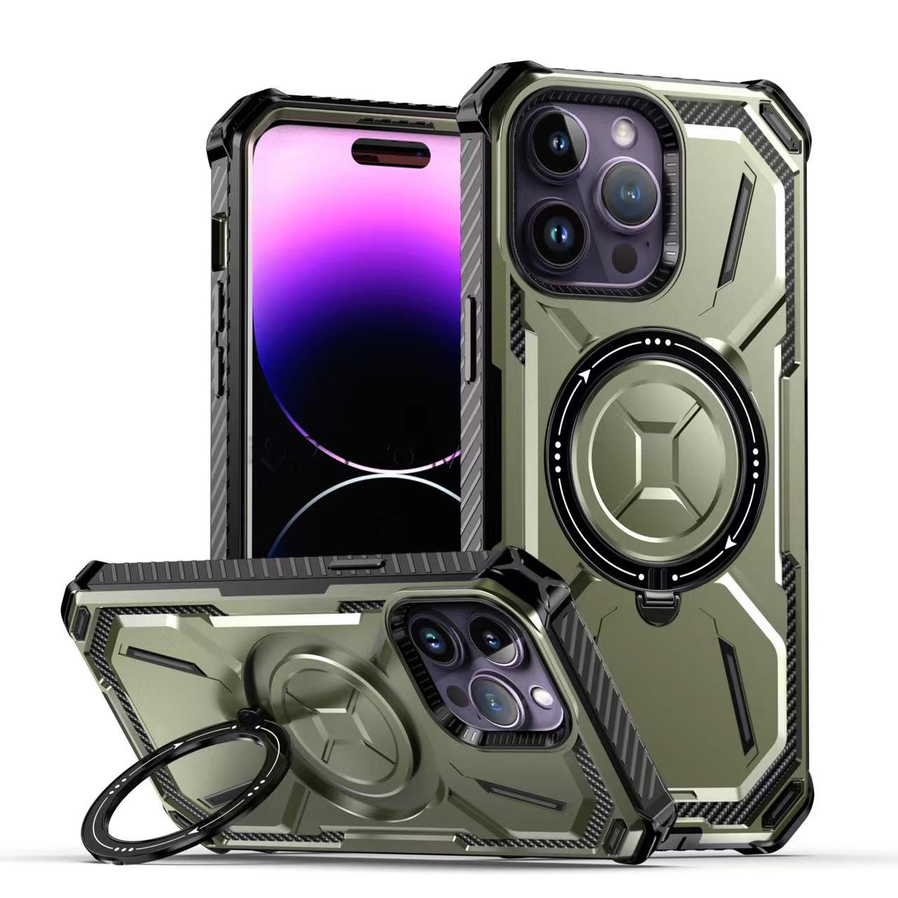 iPhone 14 Pro hoesje - Backcover - Geschikt voor MagSafe - Rugged Armor - Extra valbescherming - Ringhouder - TPU - Groen