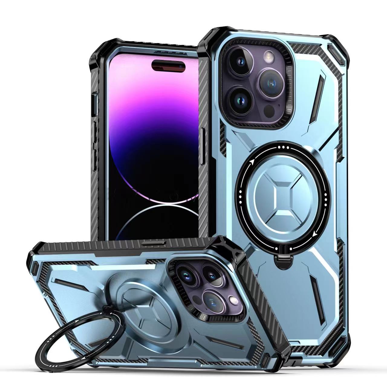 iPhone 14 Plus hoesje - Backcover - Geschikt voor MagSafe - Rugged Armor - Extra valbescherming - Ringhouder - TPU - Blauw afbeelding