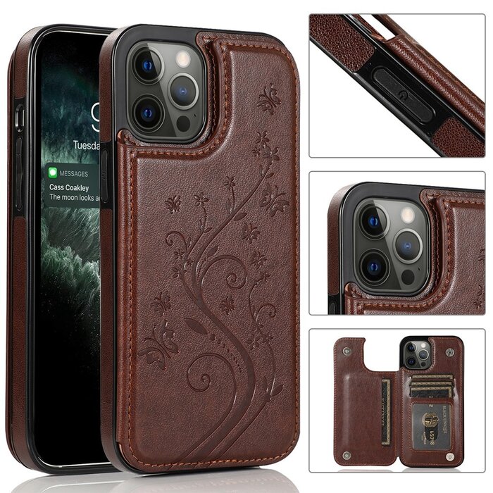 JVS Products iPhone 13 Pro hoesje - Backcover - Pasjeshouder - Portemonnee - Bloemenprint - Kunstleer - Bruin