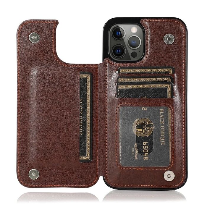JVS Products iPhone 13 Pro hoesje - Backcover - Pasjeshouder - Portemonnee - Bloemenprint - Kunstleer - Bruin