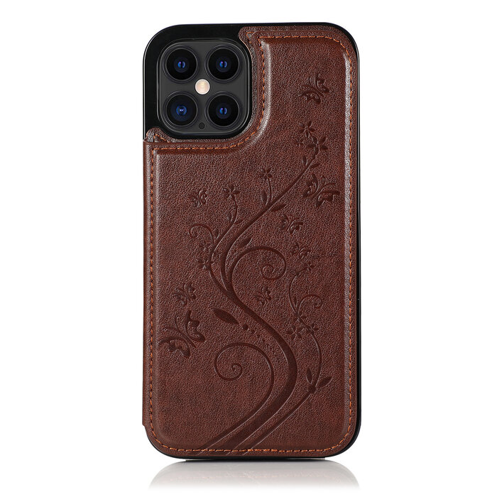 JVS Products iPhone 13 Pro hoesje - Backcover - Pasjeshouder - Portemonnee - Bloemenprint - Kunstleer - Bruin