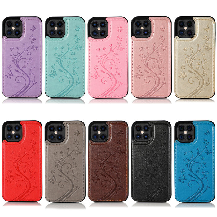 JVS Products iPhone 13 Pro hoesje - Backcover - Pasjeshouder - Portemonnee - Bloemenprint - Kunstleer - Bruin