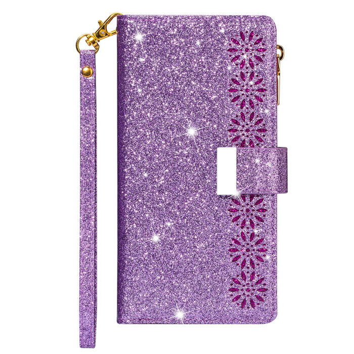 JVS Products iPhone 8 hoesje - Bookcase - Koord - Pasjeshouder - Portemonnee - Glitter - Bloemenpatroon - Kunstleer - Paars