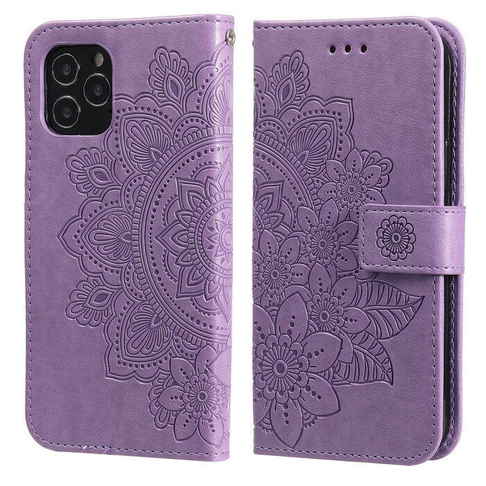 JVS Products iPhone 12 Mini hoesje - Bookcase - Pasjeshouder - Portemonnee - Bloemenprint - Kunstleer - Paars