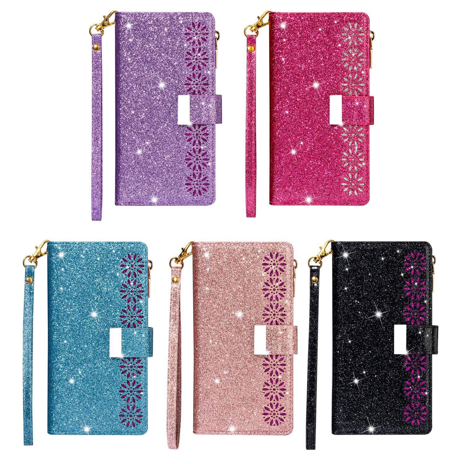 JVS Products Samsung Galaxy S10 Plus hoesje - Bookcase - Koord - Pasjeshouder - Portemonnee - Glitter - Bloemenpatroon - Kunstleer - Zwart