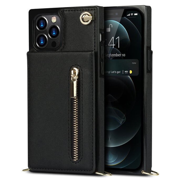 JVS Products iPhone 14 Pro hoesje - Backcover - Pasjeshouder - Portemonnee - Koord - Kunstleer - Zwart