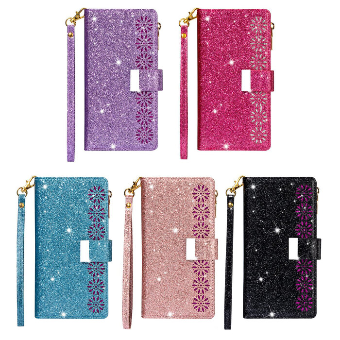 JVS Products iPhone X hoesje - Bookcase - Koord - Pasjeshouder - Portemonnee - Glitter - Bloemenpatroon - Kunstleer - Zwart