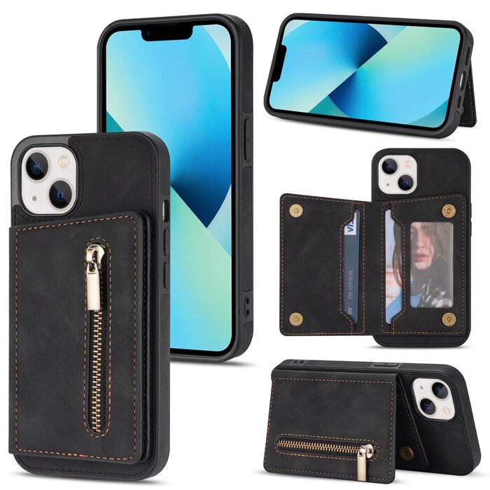 JVS Products Samsung Galaxy S21 FE hoesje - Backcover - Pasjeshouder - Portemonnee - Rits - Kunstleer - Zwart