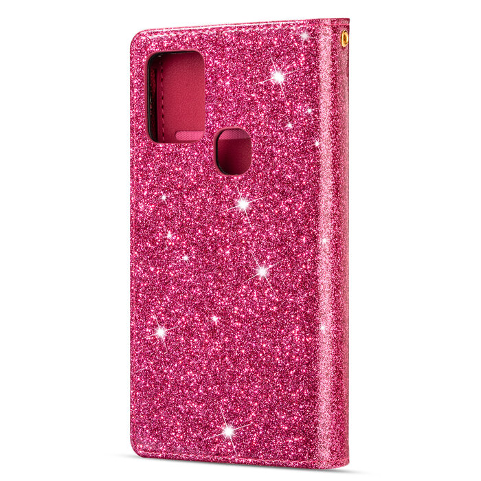 JVS Products Samsung Galaxy A52S hoesje - Bookcase - Koord - Pasjeshouder - Portemonnee - Glitter - Bloemenpatroon - Kunstleer - Roze
