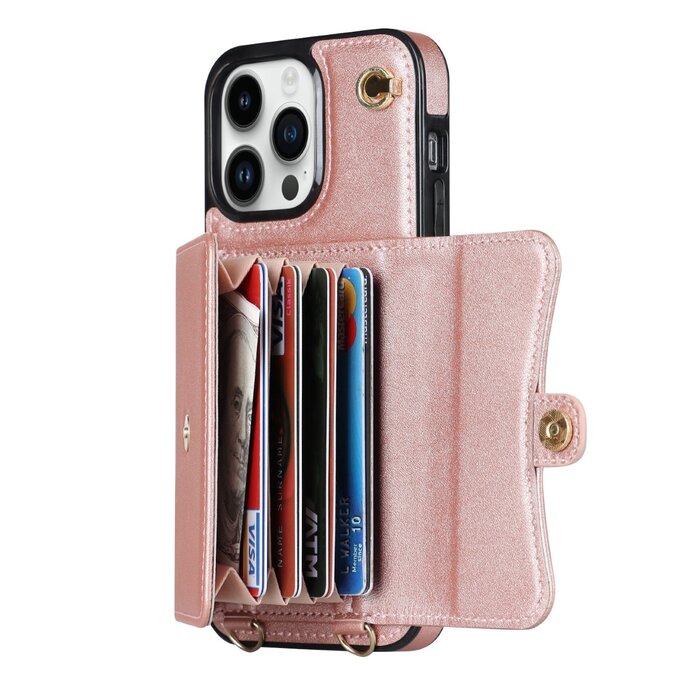 JVS Products iPhone 14 hoesje - Backcover - Koord - Pasjeshouder - Portemonnee - Kunstleer - Rose Goud