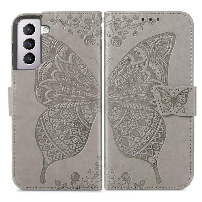 JVS Products OnePlus Nord hoesje - Bookcase - Pasjeshouder - Portemonnee - Vlinderpatroon - Kunstleer - Grijs