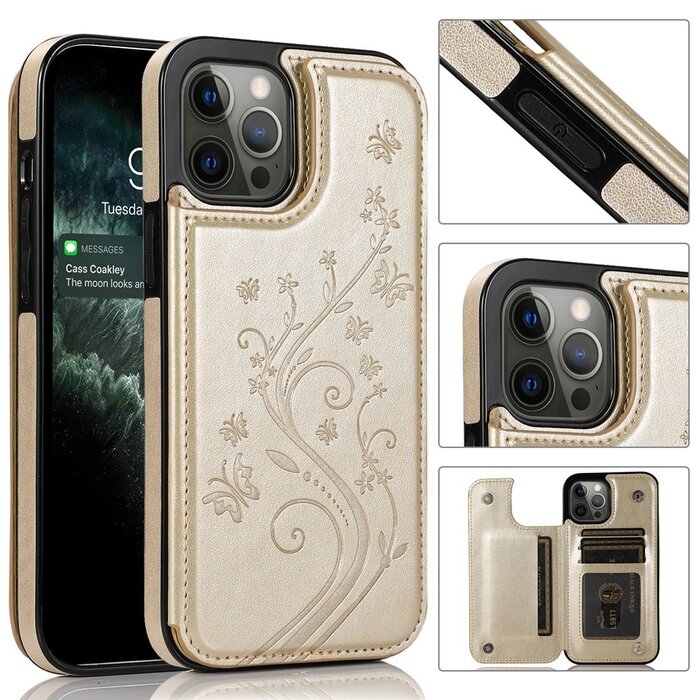 JVS Products iPhone 11 Pro Max hoesje - Backcover - Pasjeshouder - Portemonnee - Bloemenprint - Kunstleer - Goud
