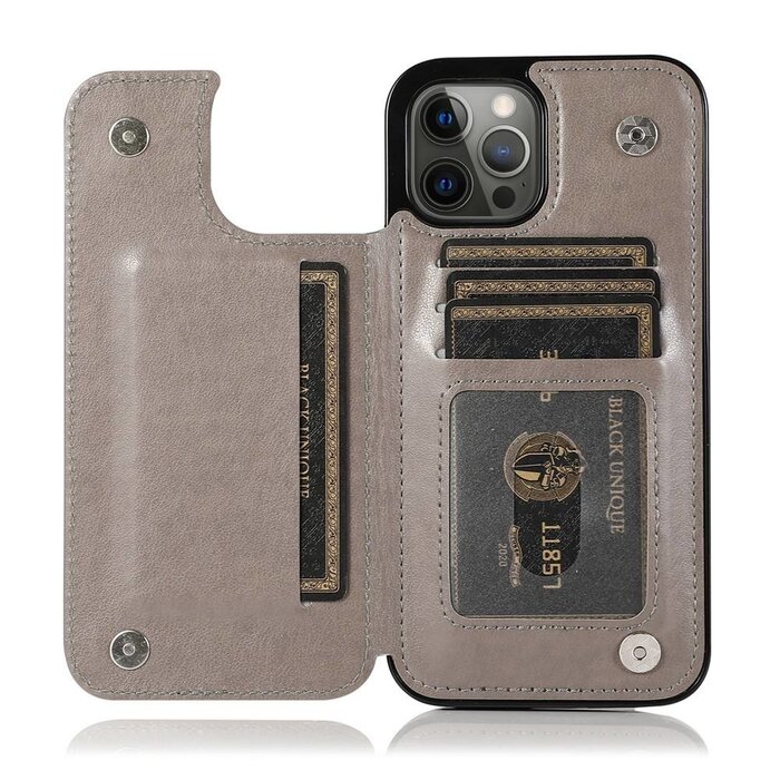 JVS Products iPhone 13 hoesje - Backcover - Pasjeshouder - Portemonnee - Bloemenprint - Kunstleer - Grijs