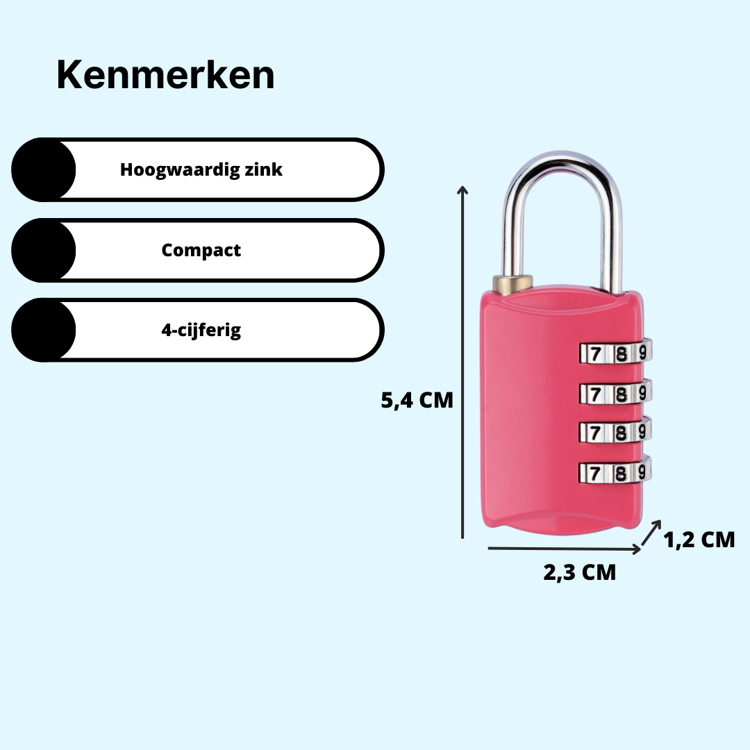 JVS Products Hangslot - Cijferslot - Hangcijferslot - Met Cijfercode - 54mm - Roze