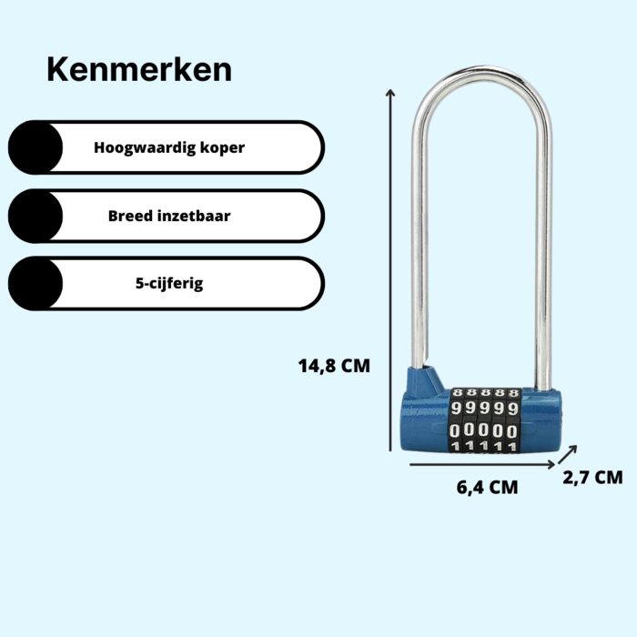 JVS Products Hangslot - Cijferslot - Hangcijferslot - Met Cijfercode - 148mm - Blauw
