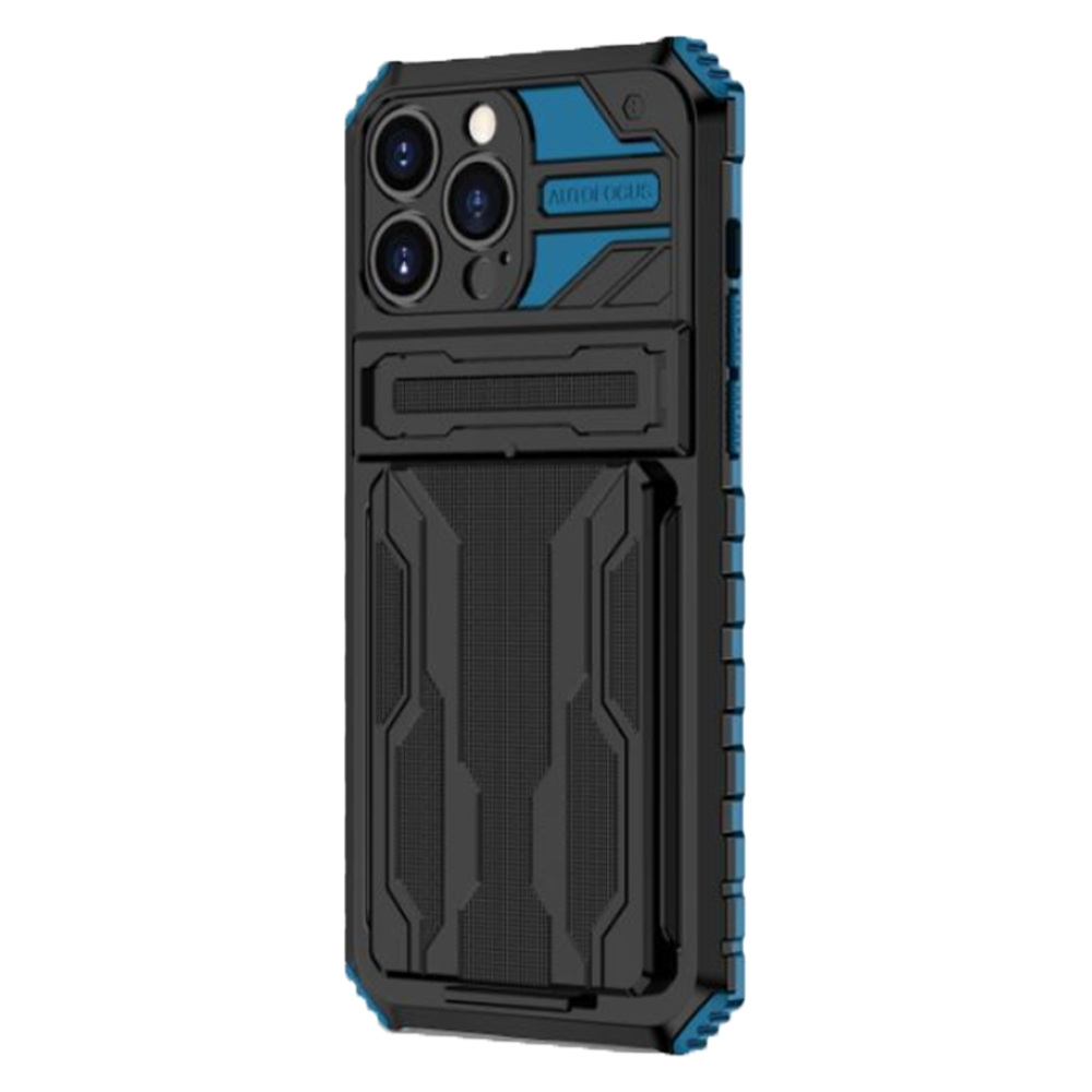 iPhone 11 Pro Max hoesje - Backcover - Rugged Armor - Kickstand - Extra valbescherming - TPU - Zwart/Blauw afbeelding