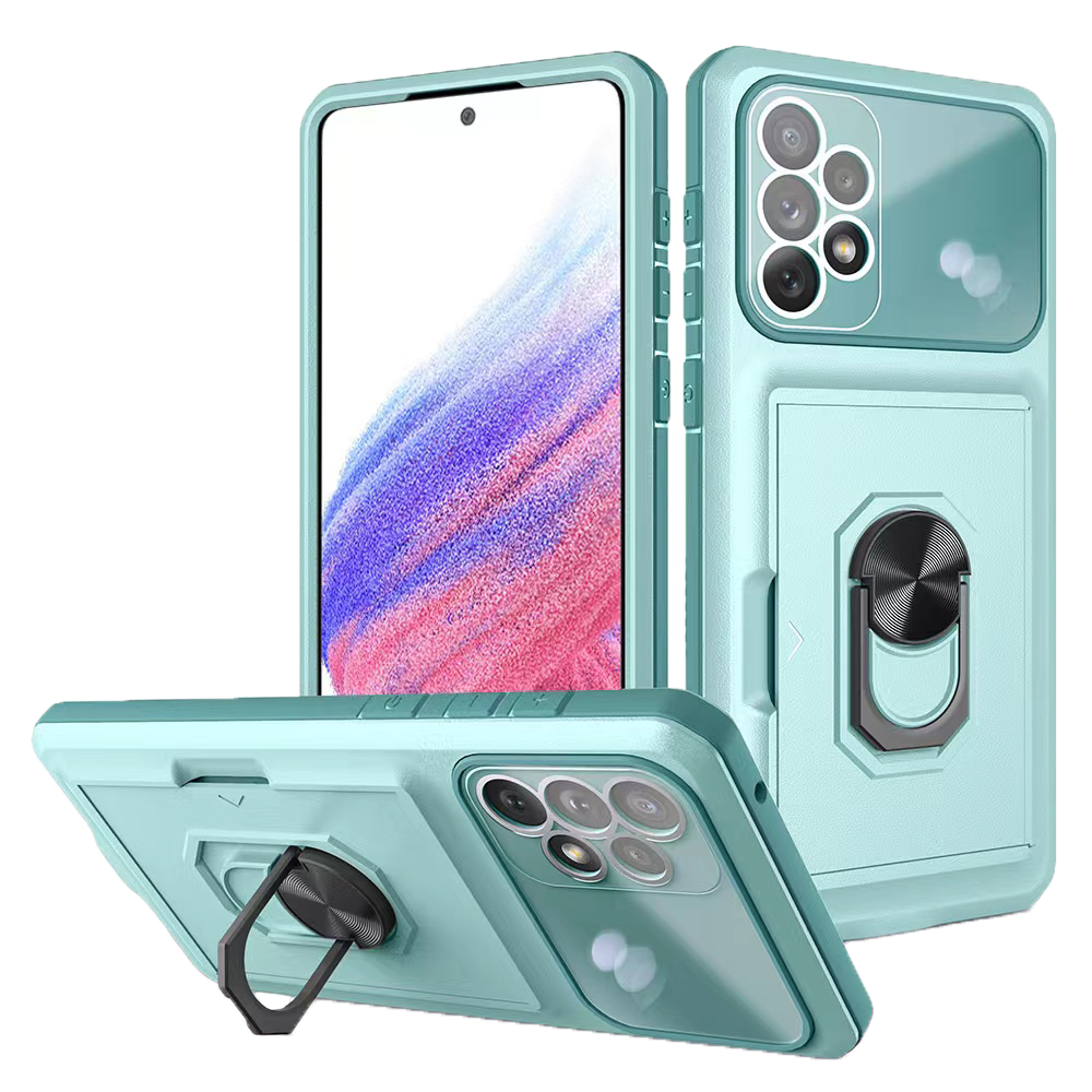iPhone 12 hoesje - Backcover - Pasjeshouder - Shockproof - Ringhouder - Kickstand - Extra valbescherming - TPU - Lichtblauw afbeelding