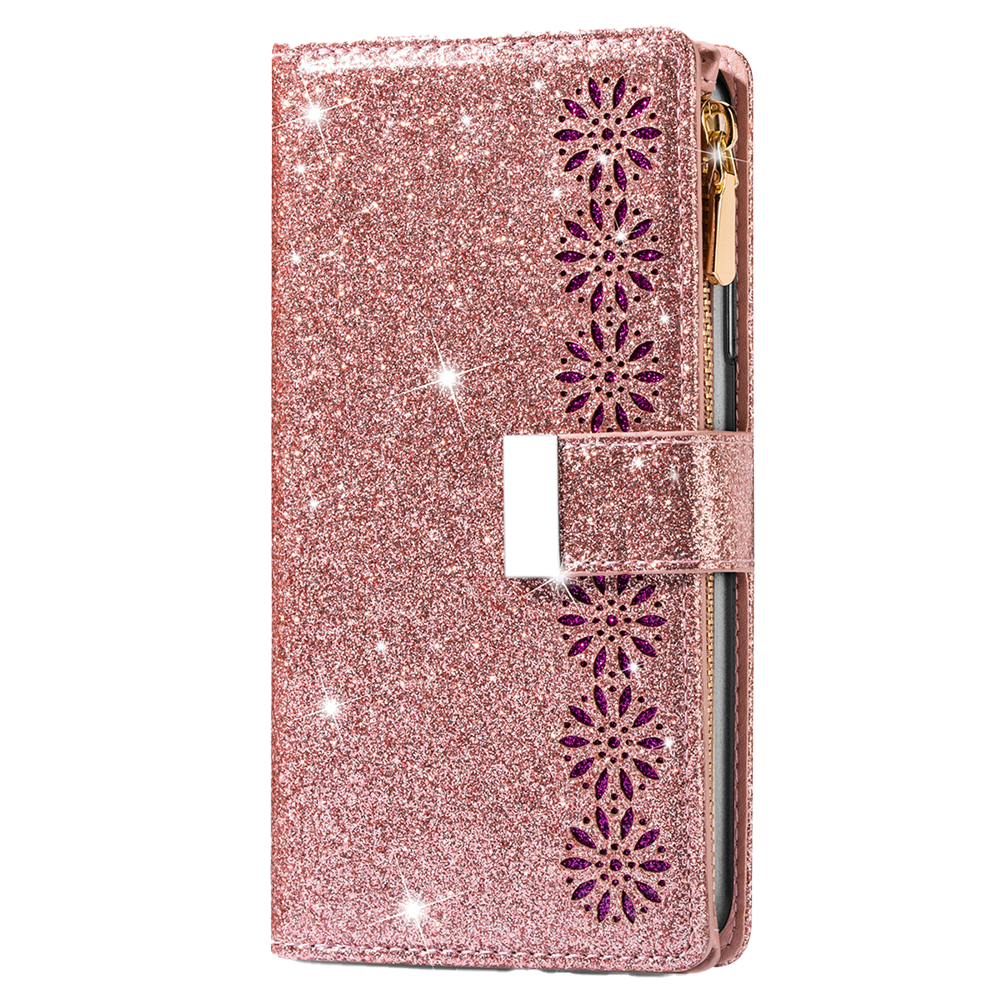 iPhone 15 Plus hoesje - Bookcase - Koord - Pasjeshouder - Portemonnee - Glitter - Bloemenpatroon - Kunstleer - Rose Goud