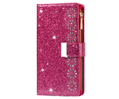 JVS Products iPhone 15 Pro hoesje - Bookcase - Koord - Pasjeshouder - Portemonnee - Glitter - Bloemenpatroon - Kunstleer - Roze