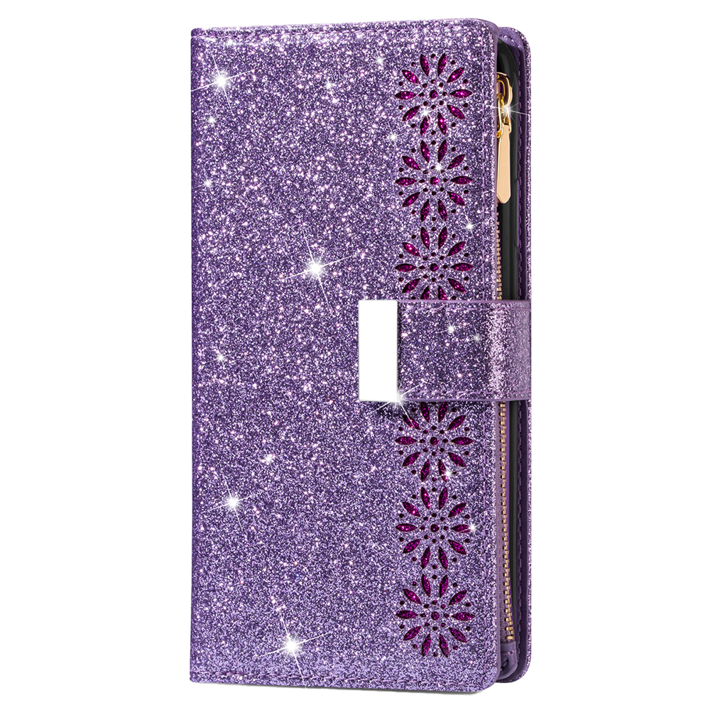 iPhone 15 Plus hoesje - Bookcase - Koord - Pasjeshouder - Portemonnee - Glitter - Bloemenpatroon - Kunstleer - Paars afbeelding