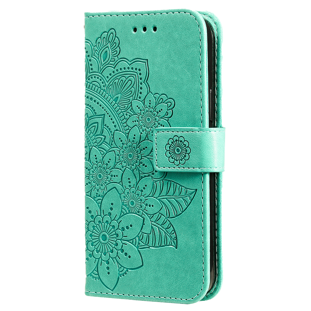 iPhone 15 Plus hoesje - Bookcase - Pasjeshouder - Portemonnee - Bloemenprint - Kunstleer - Turquoise